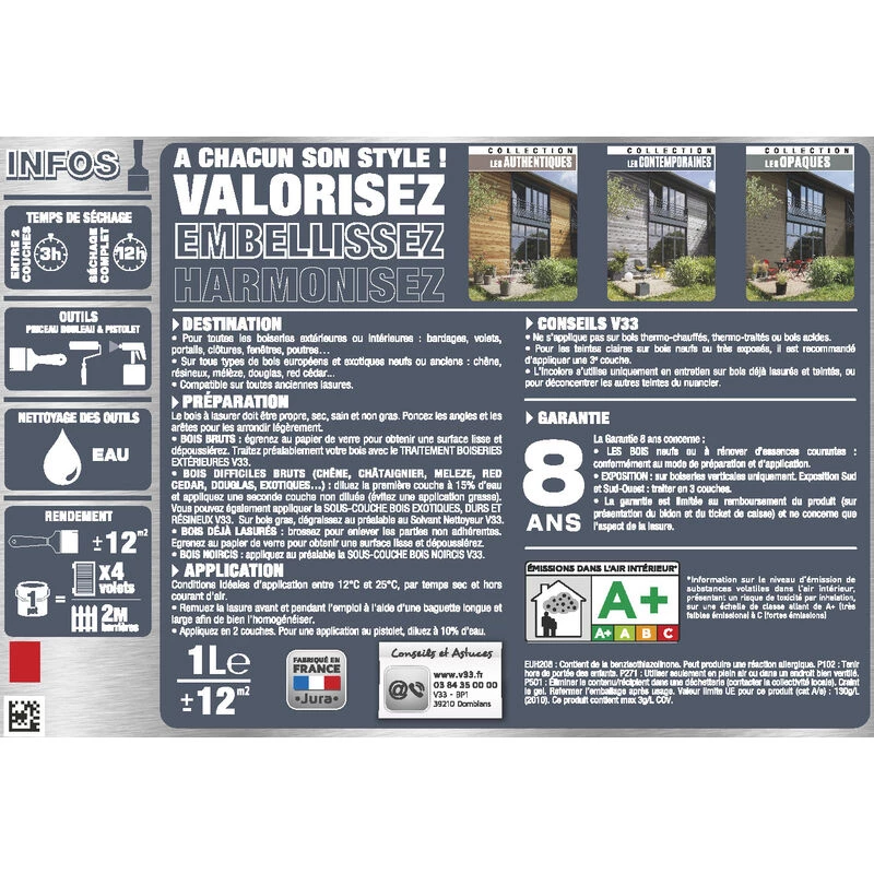 V33 Lasure V33 Hp Les Contemporaines 8 Ans Cèdre Blanc Satiné 1 L 5 V33 Lasure V33 Hp Les Contemporaines 8 Ans Cèdre Blanc Satiné 1 L – Image 5