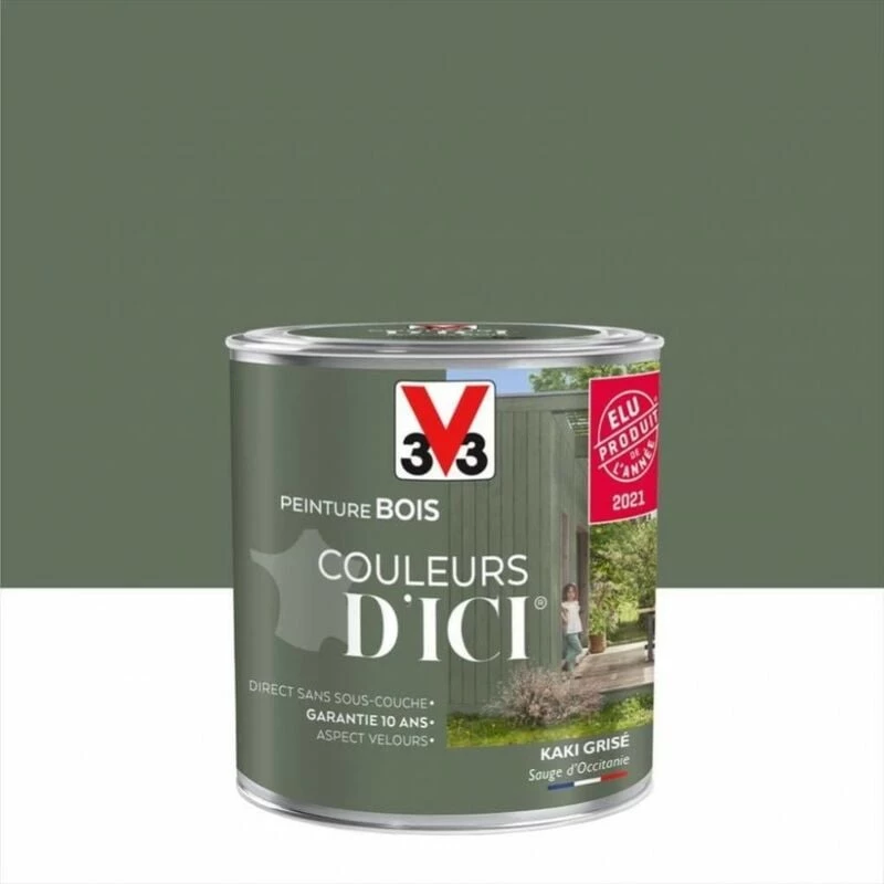 V33 Peinture Bois Extérieur Couleurs D'ici® V33, Kaki Grisé Velours 0.5 L 1 V33 Peinture Bois Extérieur Couleurs D'ici® V33, Kaki Grisé Velours 0.5 L